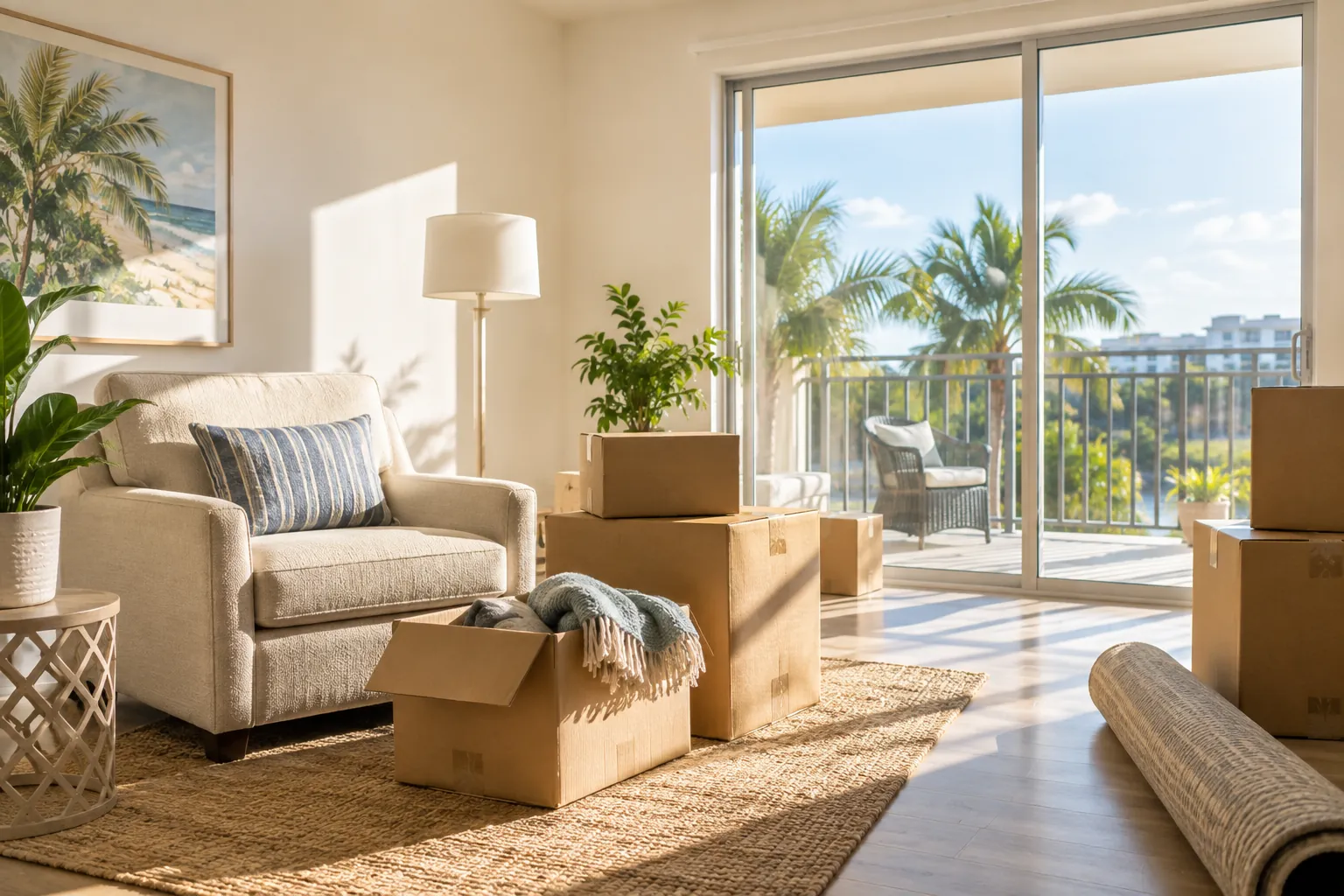 Illustrative sunlit apartment with packed boxes and furniture